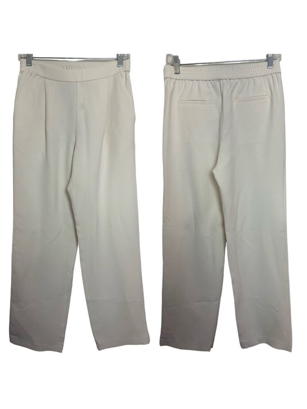 Current Air High Rise Pleated Front Elastic Waist Straight Leg Cream Trousers